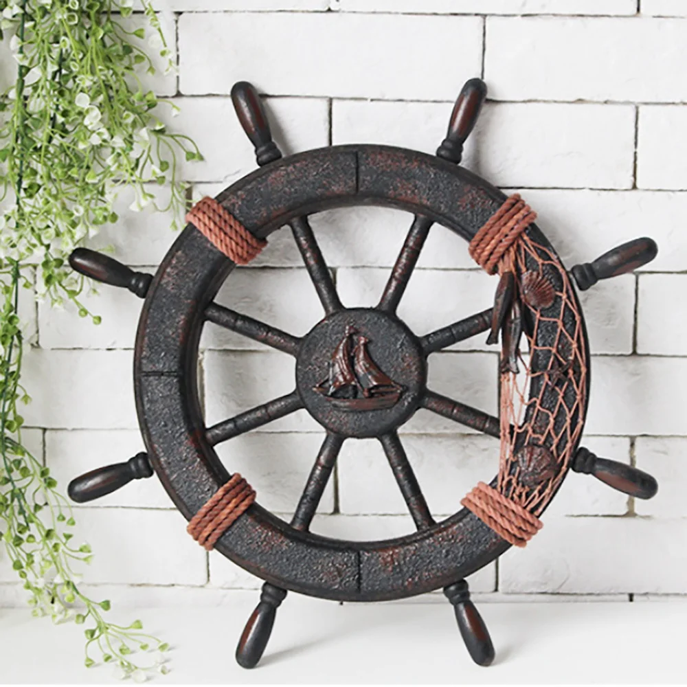 ABKS-Mediterranean Style Nautical Wooden Boat Ship Wheel Wooden Rudder Model Rudder Wooden Retro Ship Wheel Wall Decoration