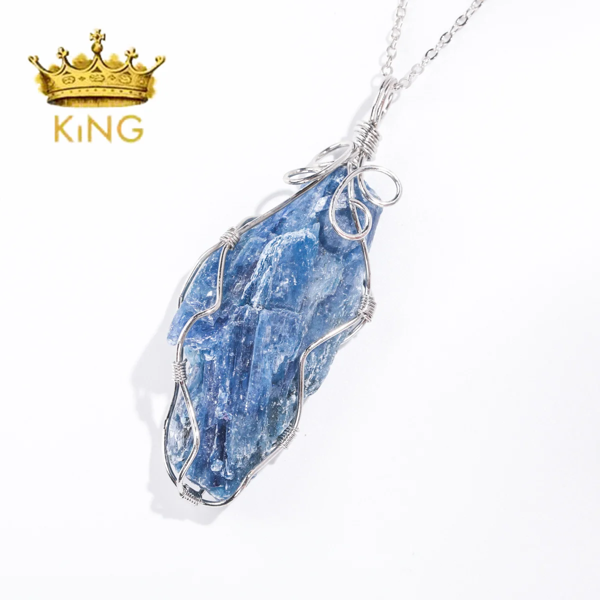 High Quality Silver Wire Wrapped Natural Crystal Healing Stones Kyanite Pendants Necklace for gift