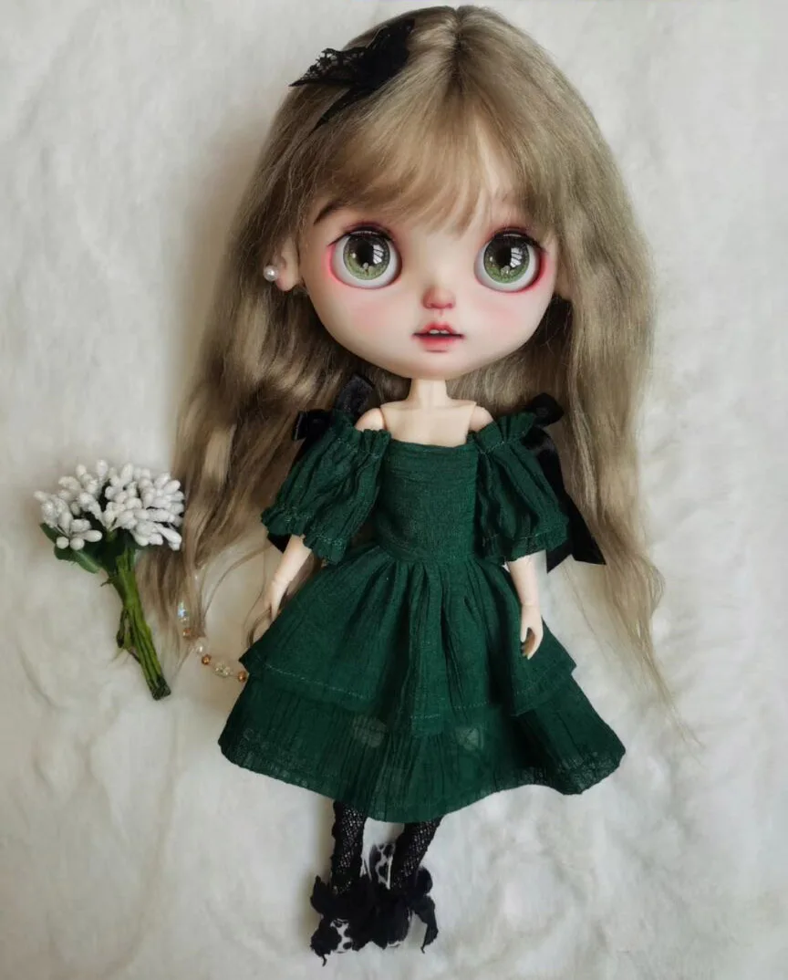 3pcs Japanese Retro style Blythe princess skirt+lace hair clip+lace socks green 1/6 30cm(Fit for Pullip,Ob22/24/26, Licca)