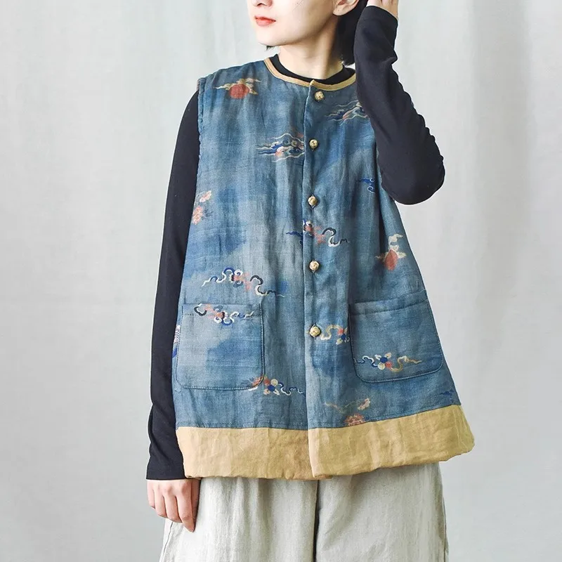 

Retro Ethnic Sle Women's Linen Print Cotton Filled Warmth Vest Loose Button Ba Chinese Cotton oulder Autumn Winter