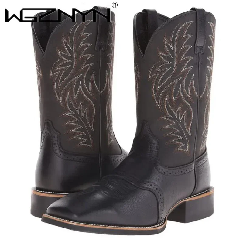 Men High Boots Embroidery Retro Handmade Designer Mens Western Cowboy Pointed Toe Boot Hand Stitching Outdoor Goth Men's Shoes