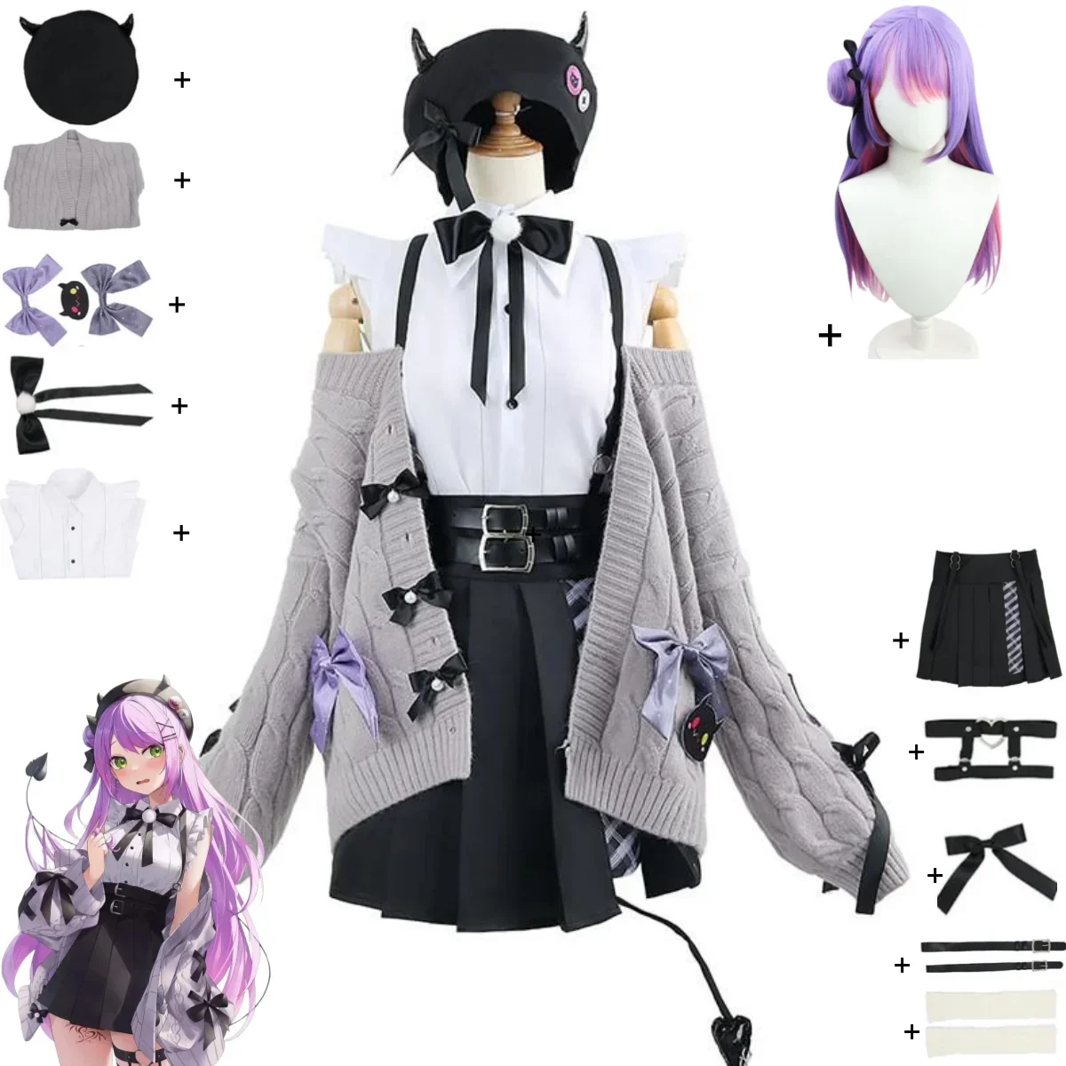 Anime Virtual YouTuber Tokoyami Towa Cosplay Costume VTuber Knitted Sweater Jacket JK Uniform Wig Woman Lovely Halloween Suit