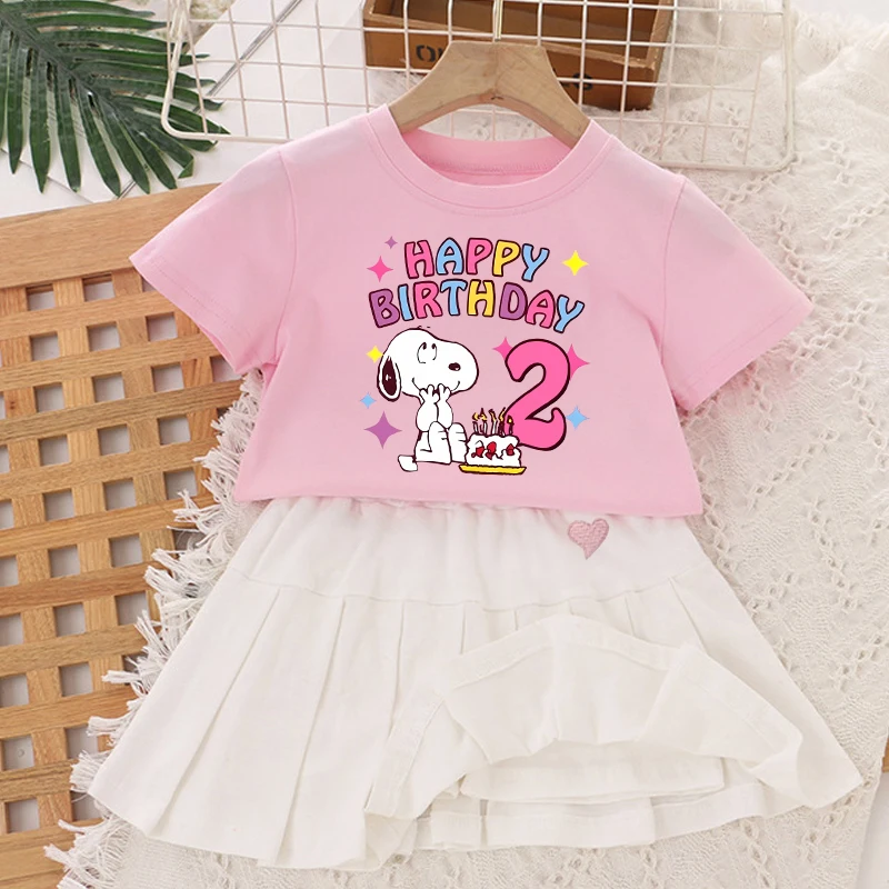 

Snoopys T-shirt Short Skirt Set Girl Cute Anime Pattern Short Sleeve Pleated Skirts 2pcs Cartoon Birthday Clothes Birthday Gifts