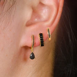 3PCS/Set Fashion Stainless Steel Gold Plated Hoop Earrings For Women Zircon Pendant Ear Piercing Earring Party Wedding Jewelry