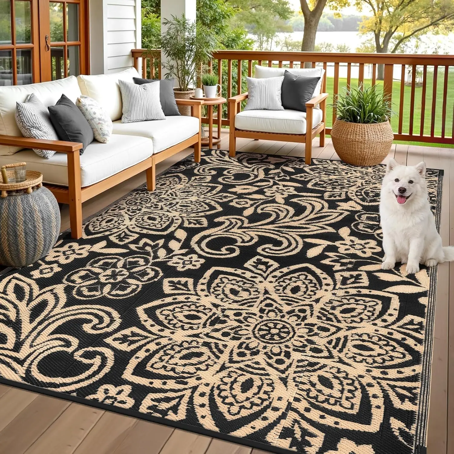 

Waterproof Outdoor Rug 6' x 9' - Reversible Mandala Outdoor Plastic Straw Rug, Durable Foldable Patio Rug for RV, Deck, Balco