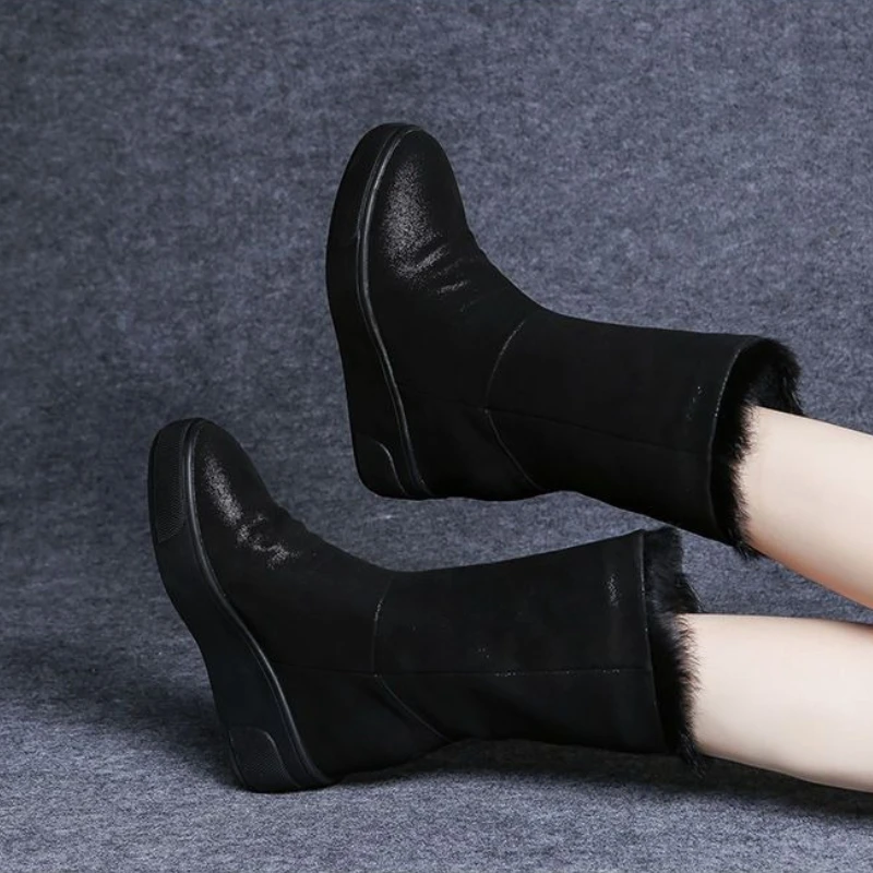 

Черные женские туфли на флисовой подкладке, теплые рабочие меховые однотонные зимние ботинки до середины икры высокого качества, новинка 2025, женские зимние ботинки