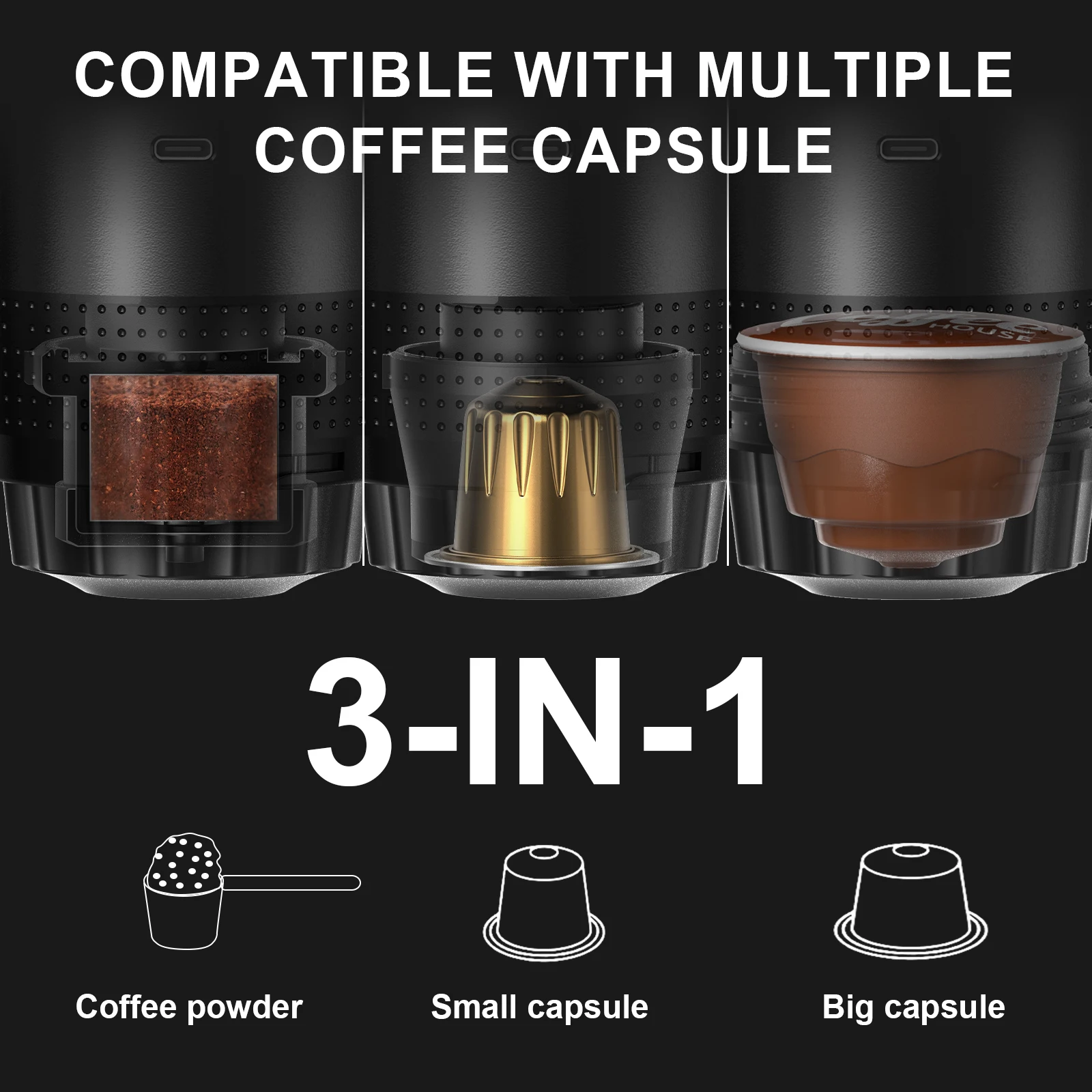 Machine à café expresso électrique Portable sans fil, pour voiture et maison, Camping, 3 en 1, capsules de poudre, cafetière de voyage