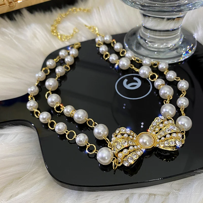 Collar de circonita con incrustaciones exageradas para mujer, cadena de clavícula corta de perlas de doble capa, accesorios de joyería Personal, moda