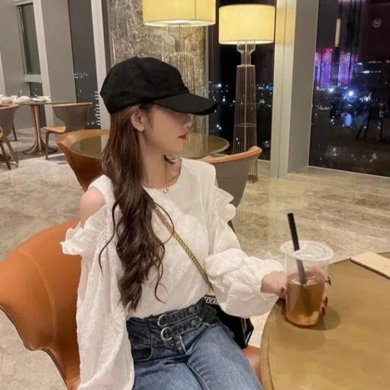 

White Off Shoulder Loose Shirt for Women Spring Summer New Long Sleeve Solid Hollow Out Korean Blouse Fashion Casual Clothing