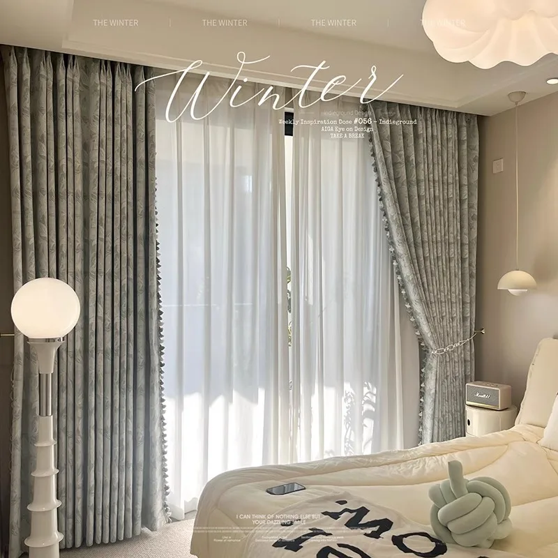 Luxury Light French Aqua Lily Chenille Retro Shading Custom Size Curtains for Living Dining Room Bedroom Elegant Door Decor