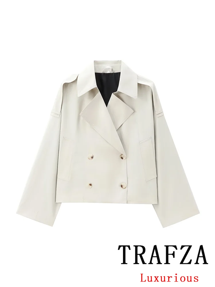 

TRAFZA Casual Women Jackets Solid England Style Double Breasted Turn-down Collar Short Coat New Fashion 2024 Autumn Trench Coat