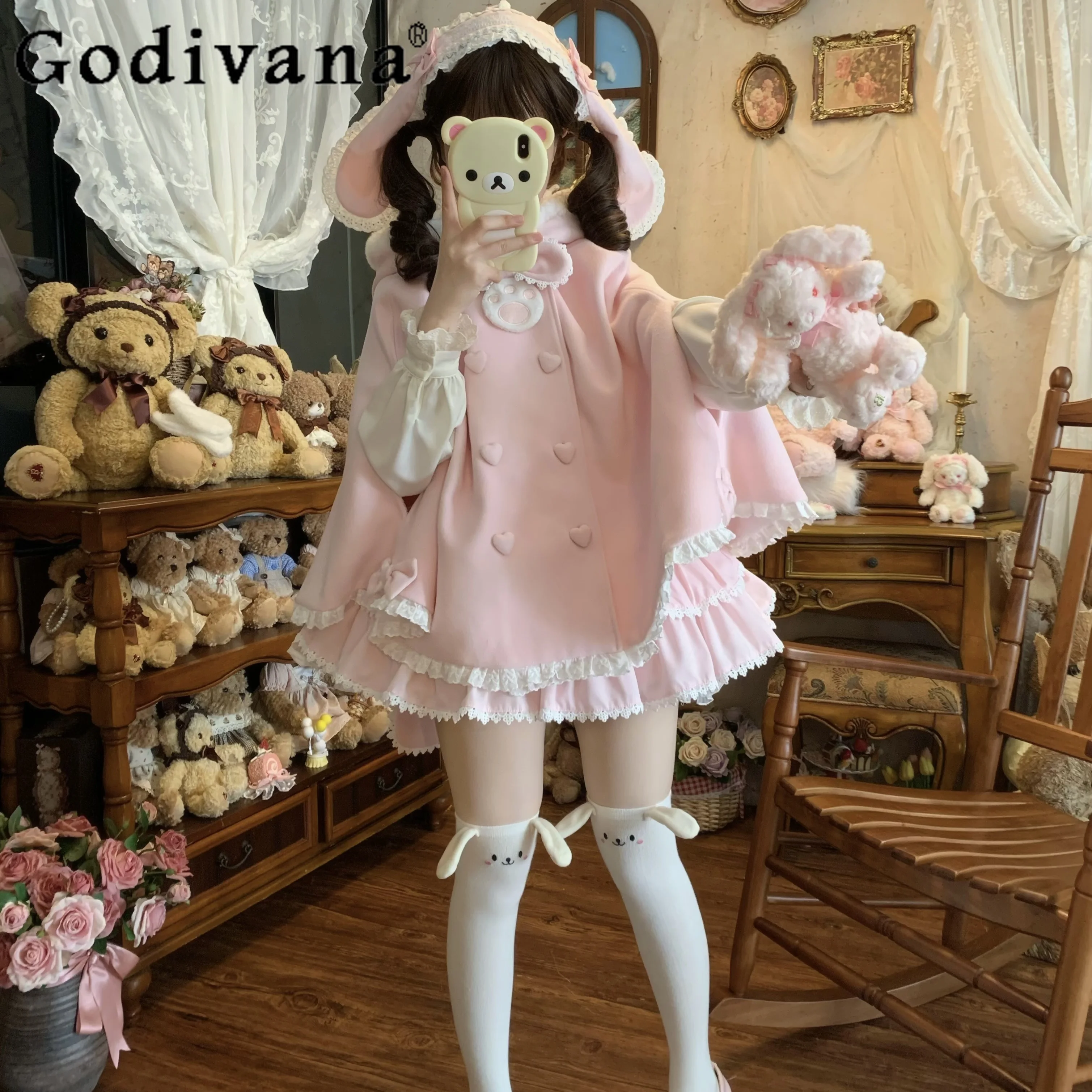 

Original Japanese Soft Girl Kawaii Pink Hooded Cloak Capes Autumn Winter New Women's Sweet Cute Bow Double-Breasted Short Jacket