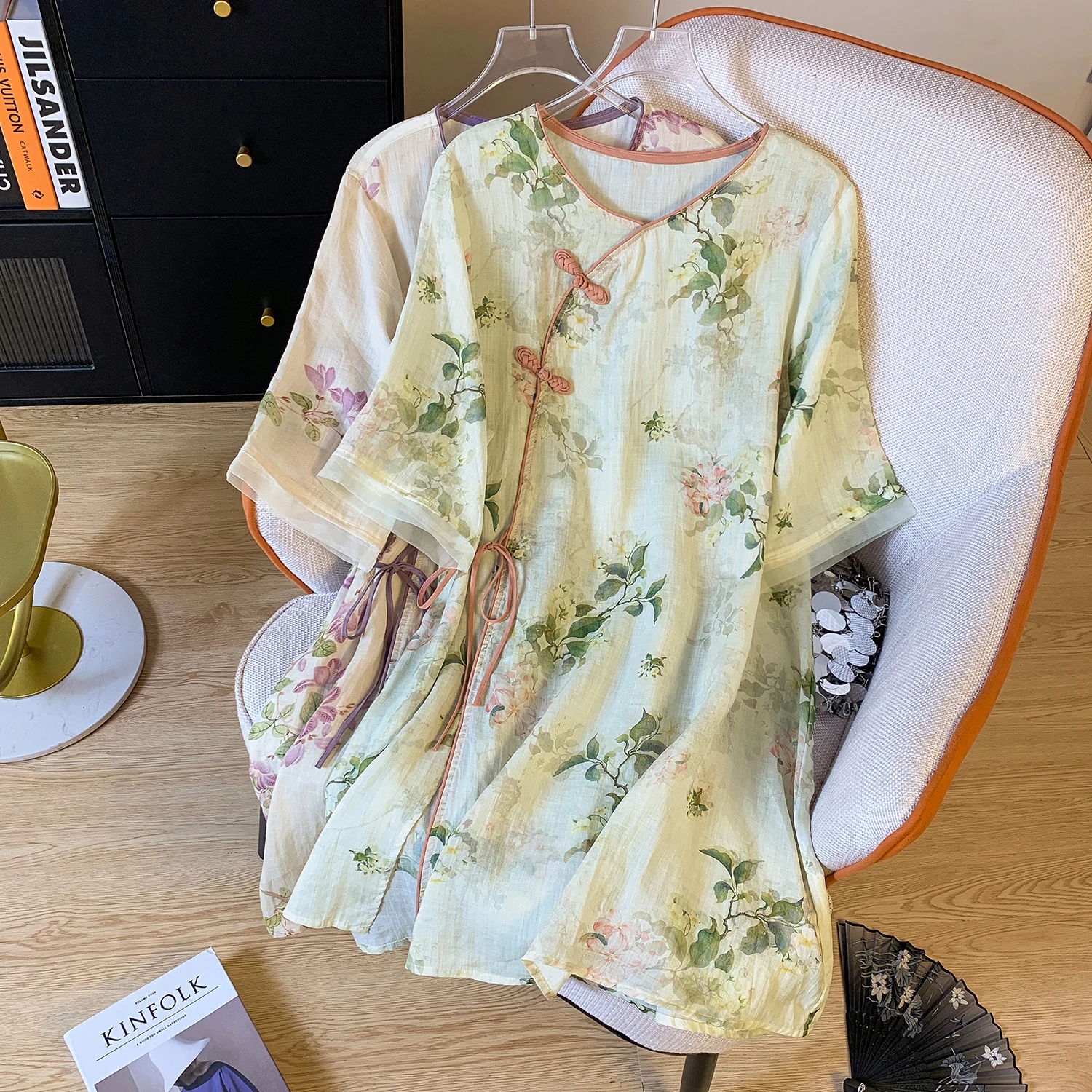 

New Chinese Sle Loose Fit Long Sve round Ne Linen irt Summer Tea Ceremony Reformed Tang Costume Top