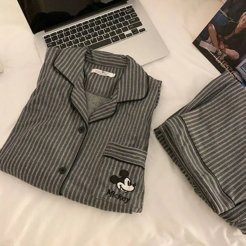 

Disney Mickey Mouse Sleepwear Set Women's Winter Autumn Comfortable Long Sleeve Home Clothes Grey Stripes Loungewear Pajamas Set