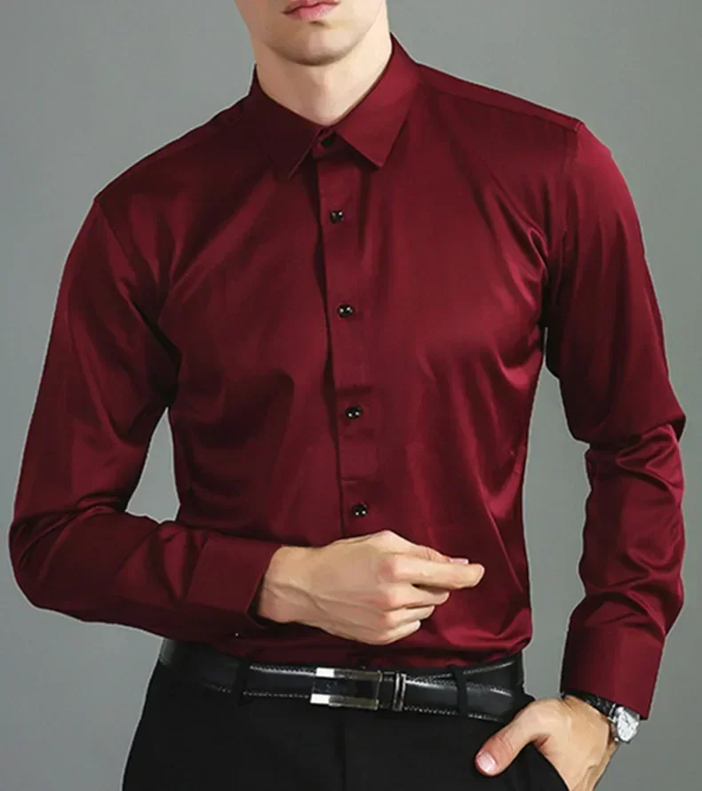 Large size lapel white shirt, non-ironing and elastic, silk luster, drape, burgundy male shirt, business clothes wholesale.