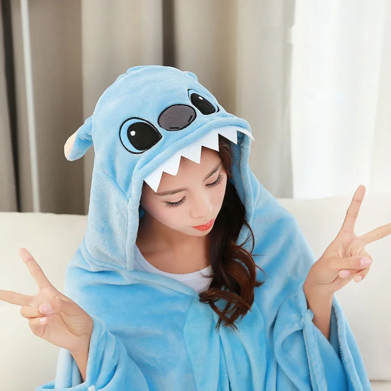 Disney Lilo and Stitch Coral Fleece Fabric Blanket with Hooded Cute Cartoon Cosplay Cloak Cape Warm Wearable Throw Blanket