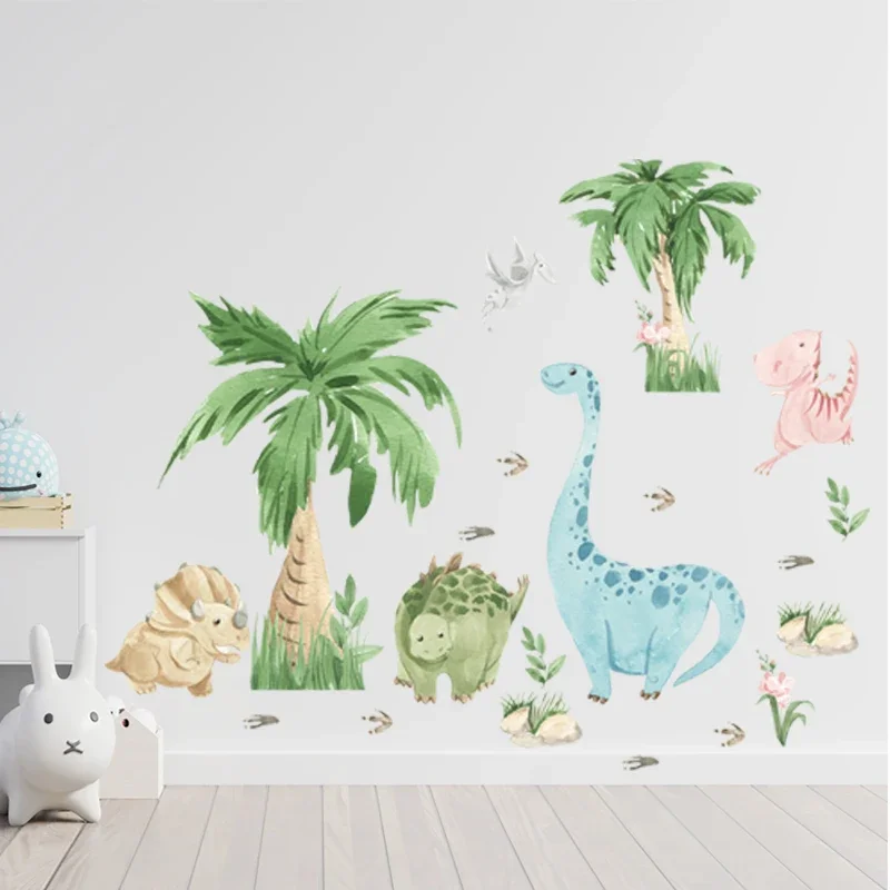 101x80cm Watercolor Cute Dinosaurs with Coconut Tree Wall Stickers Removable Wall Decals for Baby Nursery Room Kids Room Murals