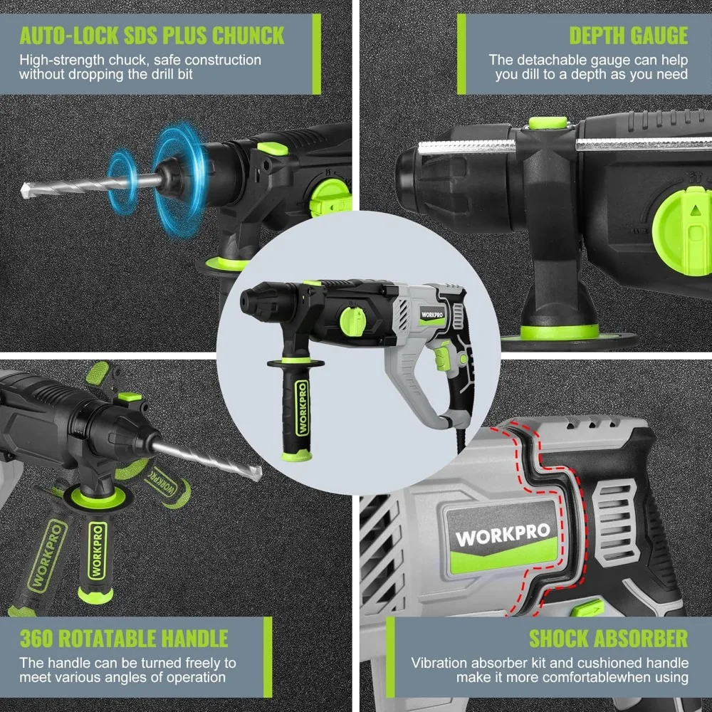 1-1/4 Inch SDS-Plus Rotary Hammer Drill, 7.5AMP, Lightweight Corded for Concrete Demolition and Chipping
