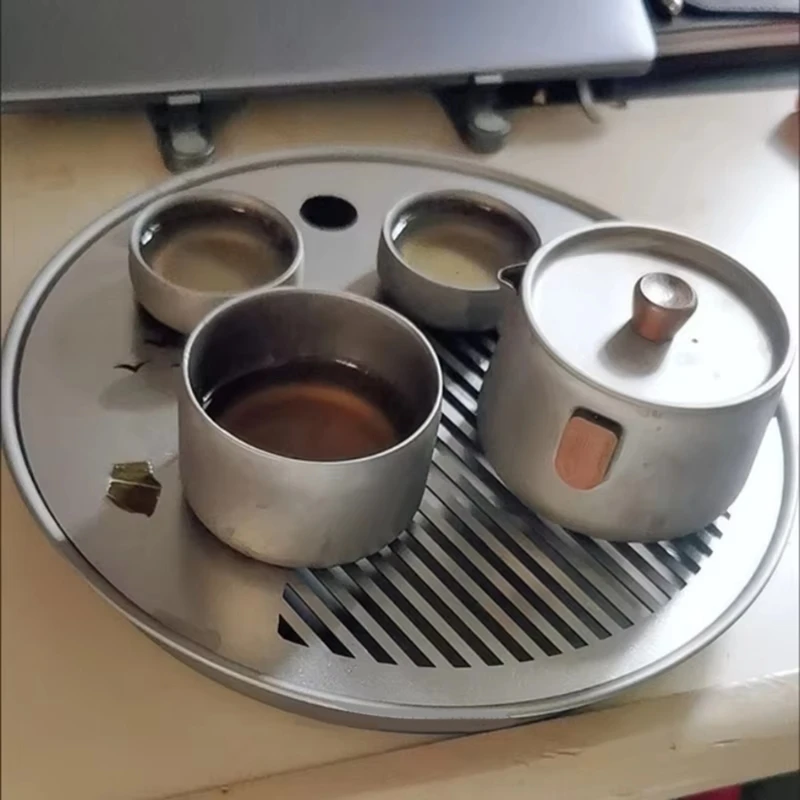Outdoor Pure Titanium Circular Tea Tray Ultra Light and Simple Water Storage Type Tea Table Deepened Brewing Tray Tea-VVBC