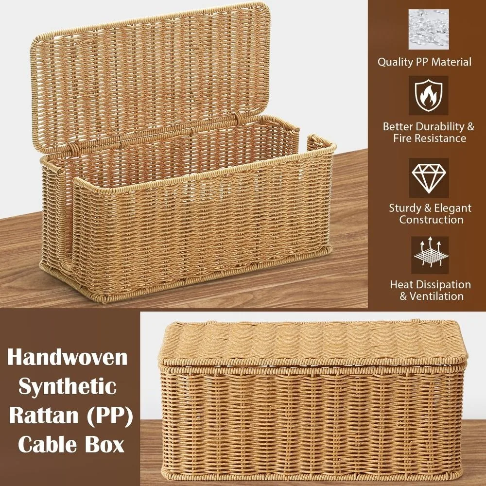 Handwoven Cable Management Box 2 Open Slots Hide Power Strip and Router Imitation Rattan Box with Lid Cord Organizer Hider Box