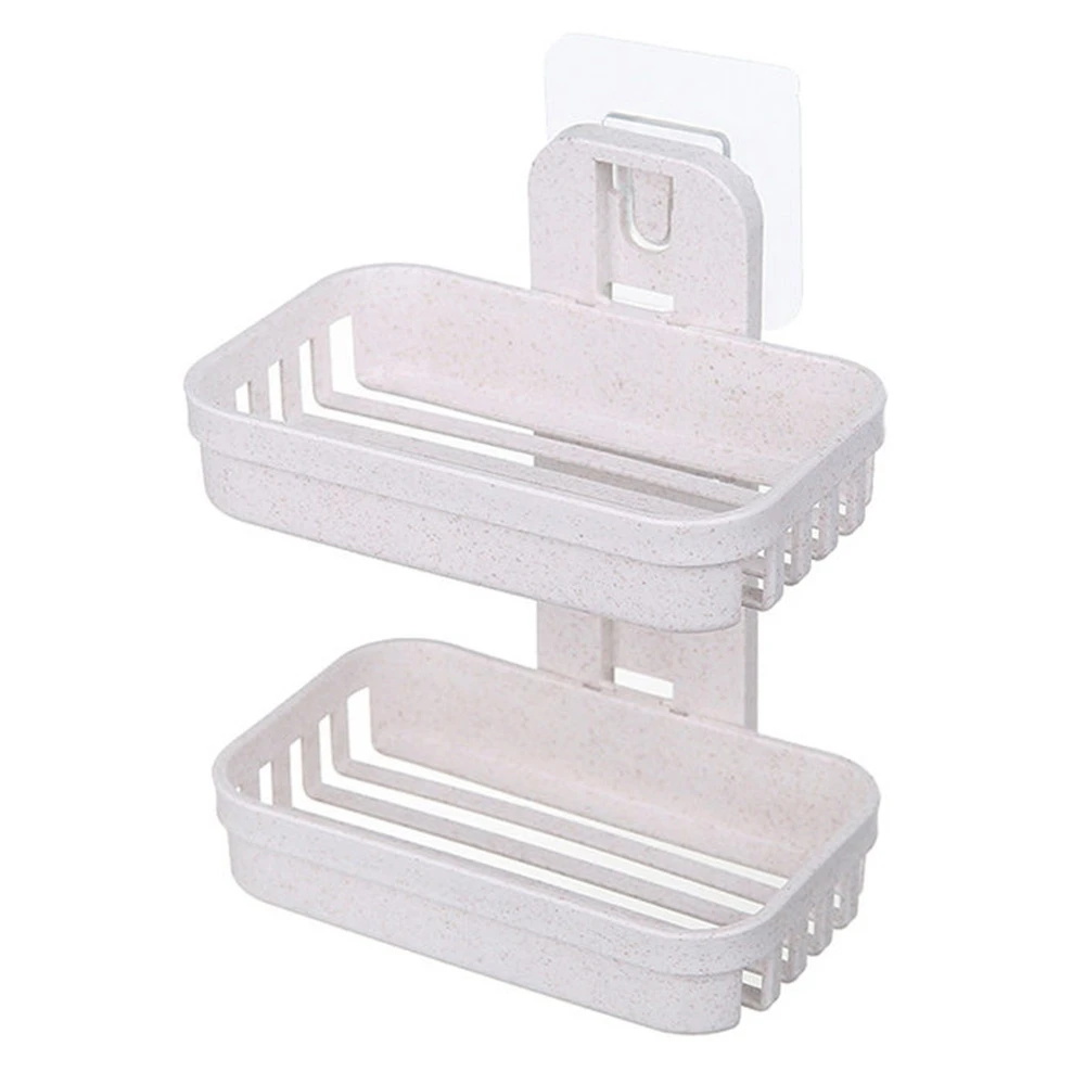 Bathroom Suction Cup Soap Dishes Plastic Holders Wall-Mounted Double-Deck Creative Drainage Soap Storage Double Racks(B)