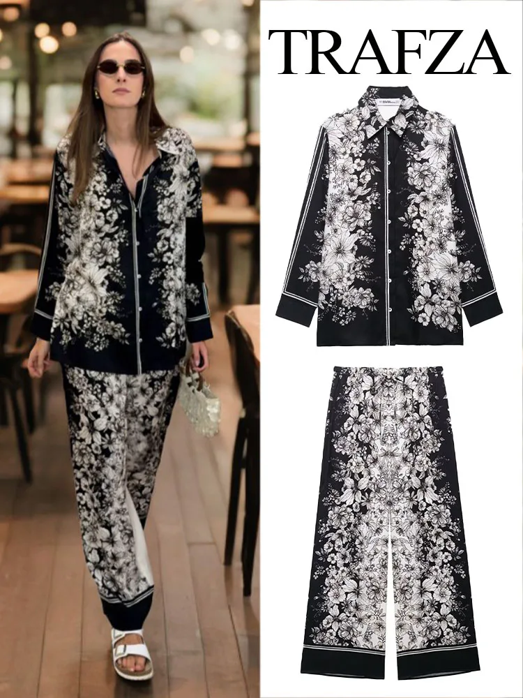 

TRAFZA Women New Fashion Versatile Lapel Single Breast Print Loose Long Sleeve Shirt+Elegant High Waist Drawstring Trousers Suit