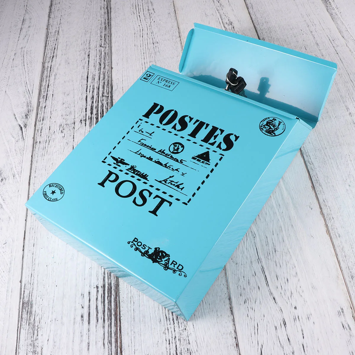 

Blue Iron Post Box Wall Mounted Vintage Locking Mailbox Letterbox Unique Letter Printing Design Decorative Home Ornament