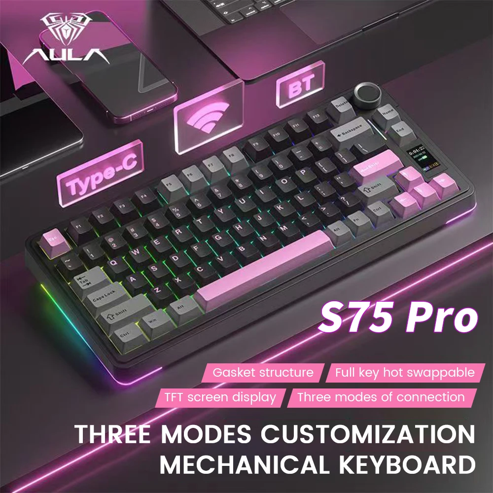 AULA S75 Pro 게이밍 기계식 키보드 75% 핫스왑 RGB 백라이트 4000mAh PBT 키캡 무선 키보드 LED 스크린 노브 포함 썸네일 2
