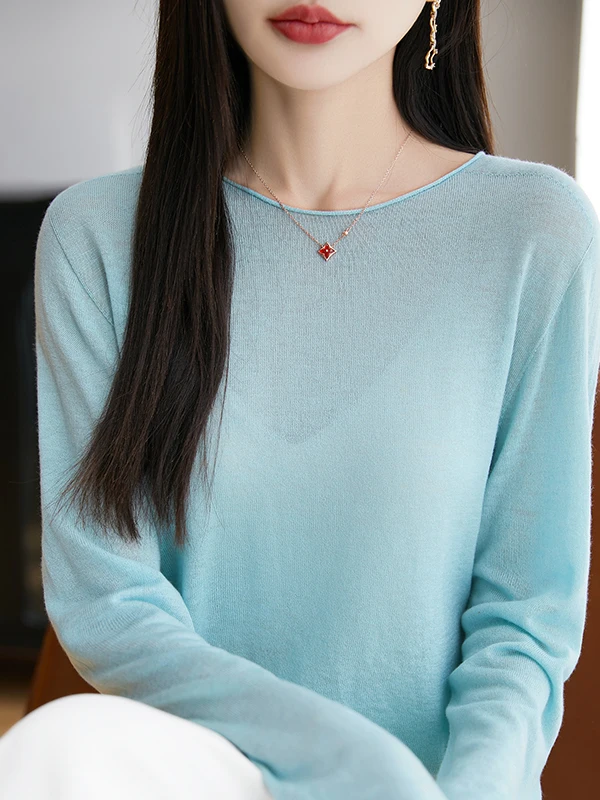 Water-Soluble Wool Base Shirt Women's Cuffed round Neck Ultra-Thin Knitted Top Thin Loose Long Sleeve Thin Shirt