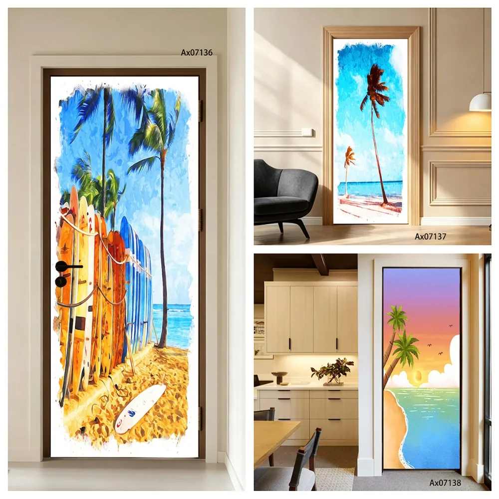 Tropical Beach Wave Oil Painting Door Sticker, Self Adhesive Mural for Full Door Wrap Wallpaper