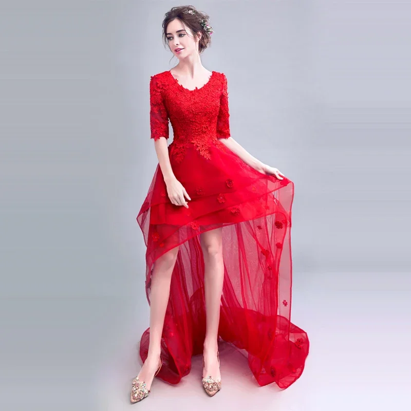 Het is YiiYa Aangepaste Avondjurk Rode Applicaties O-hals Halve Mouwen Lace up Hoog Laag Plus size Vrouw Party Formele Gown E202