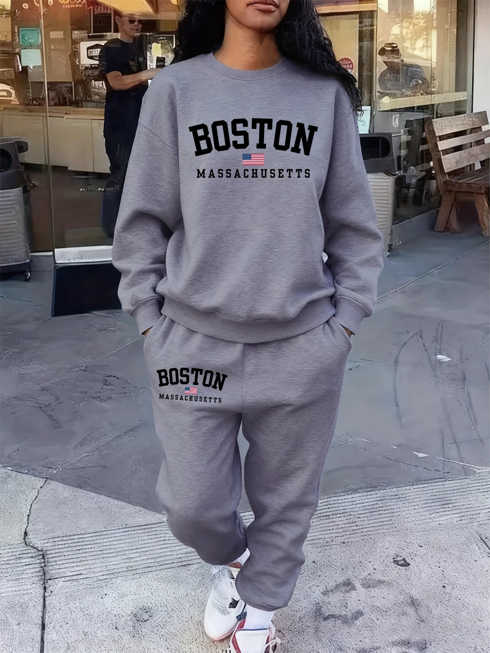 2-teiliges Hoodie-Set für Damen, Boston Massachusetts, bedruckt, Jogginghose, Tasche, lockeres Sweatshirt, Jogging-Outfits, Herbst-Fleece-Kleidung
