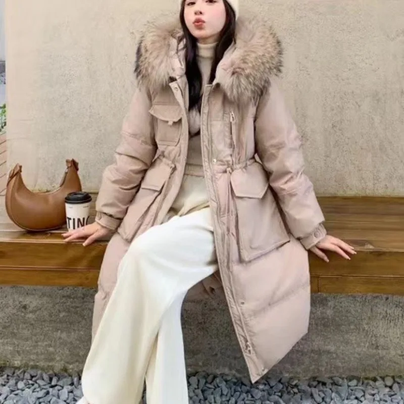 المرأة متوسطة وطويلة الشتاء النسخة الكورية الجديدة فوق الركبة سميكة بطة بيضاء أسفل الخصر سترة كبيرة الفراء طوق أسفل سترة