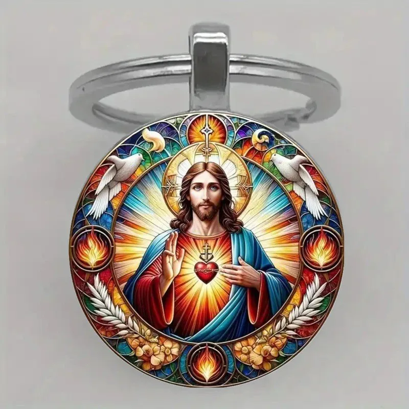 Chaveiro católico guadalupe madonna pic cristão sagrado coração foto chaveiro religioso redondo e oval cabochão de vidro chaveiro
