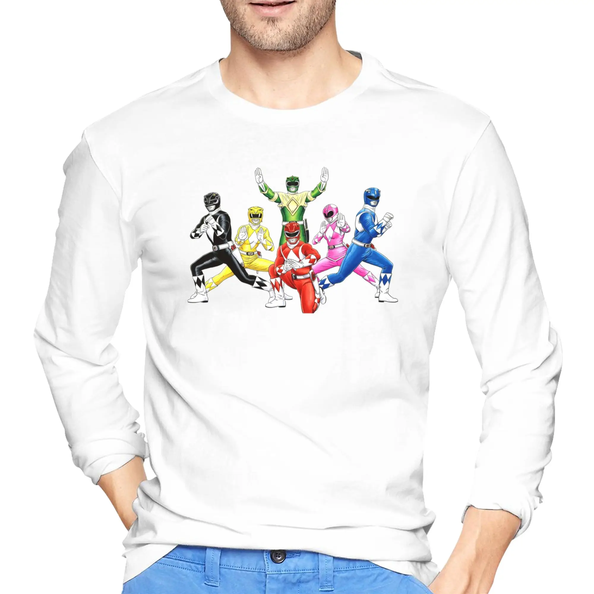 

Мужская футболка с длинными рукавами Mighty Morphin Power Ranger, дышащие футболки с круглым вырезом, весенние и осенние мужские топы