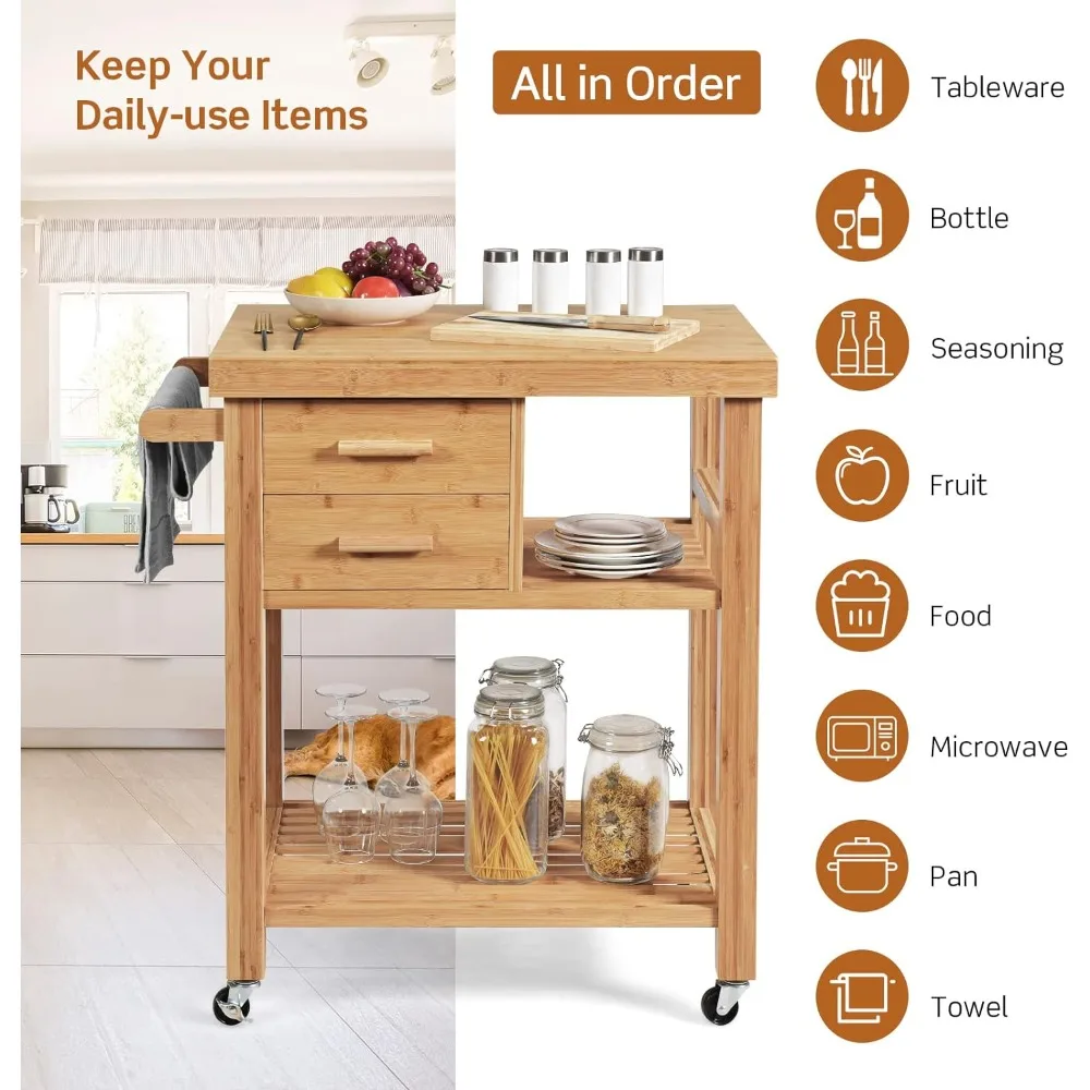 Kitchen Island Cart, Butcher Block Table on Wheels with Drawers, Shelves, Towel Rack, Bamboo Kitchen Island Cart