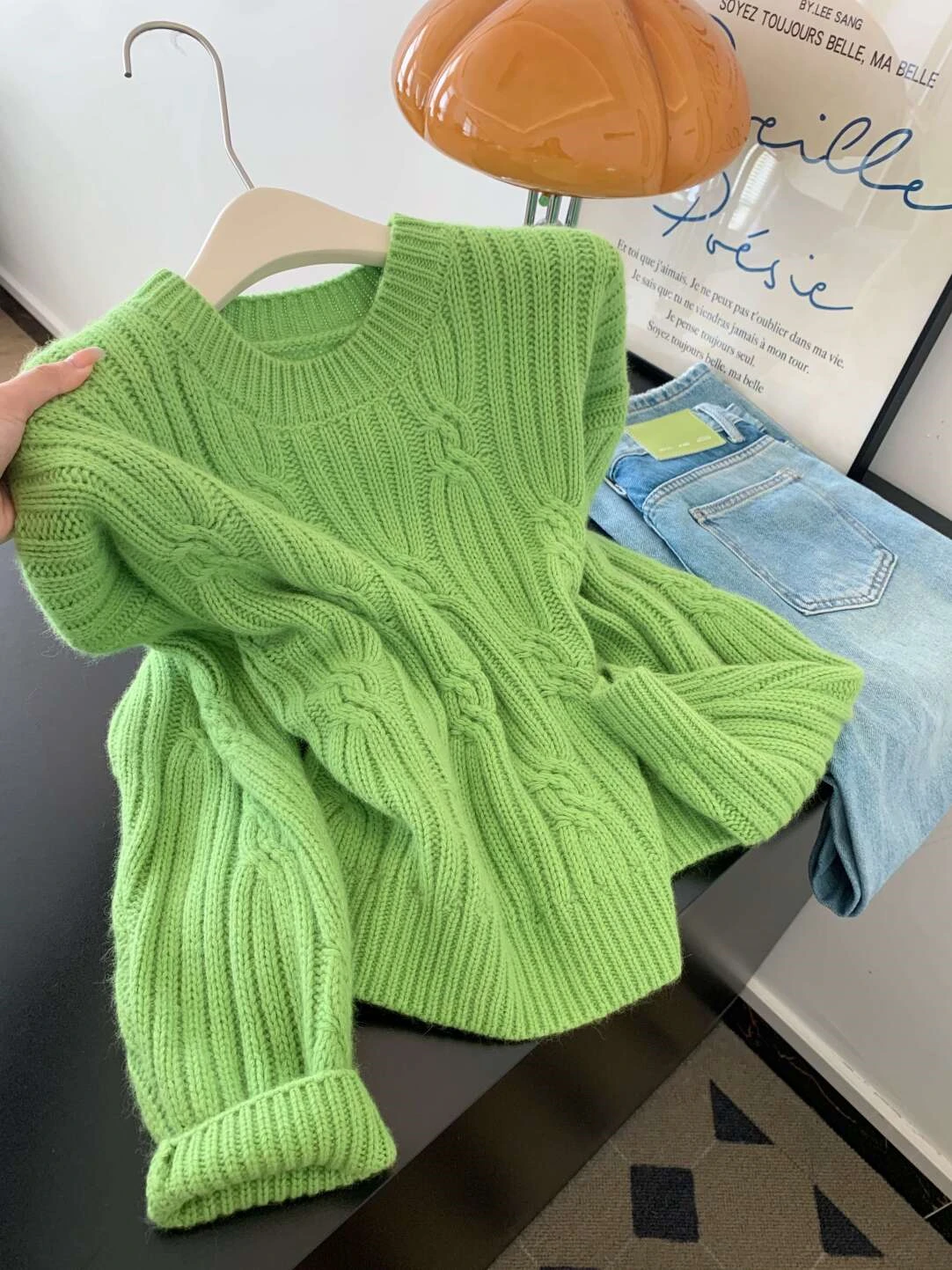

Зеленый вязаный пуловер, свитер, женский осенне-зимний утолщенный свободный ленивый мягкий вязаный топ с длинными рукавами, наряд в корейском стиле