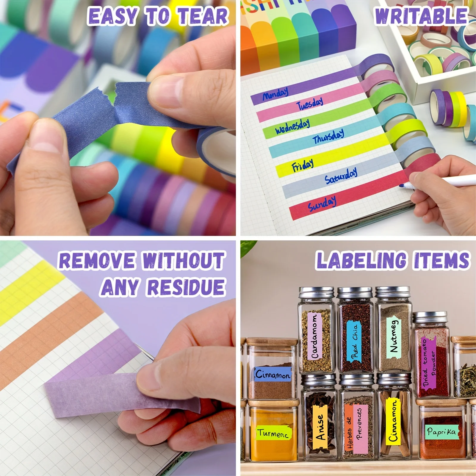 レインボー装飾テープ、色付き和紙テープ、ジャーナリング用アートクラフト和紙テープ、スクラップブッキング用品、幅15mmのウォッシーテープ