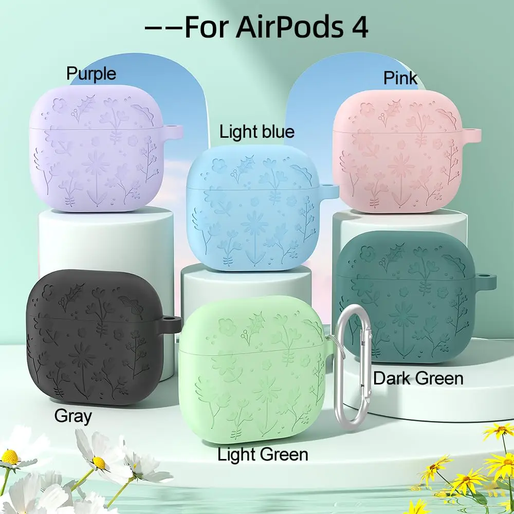 AirPods 4 케이스용 꽃 새겨진 AirPods 4 케이스용 열쇠고리 및 끈이 포함된 보호용 실리콘 스킨 액세서리(라이트 블루)