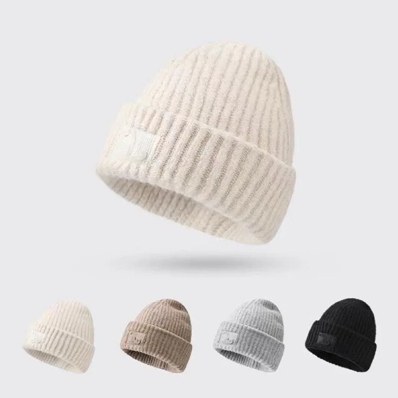 Winter Warm Knitted Beanies Hat for Women Loose Thickened Ear Protection Windproof Woolen Bonnet New Fashion Versatile Pile Hats