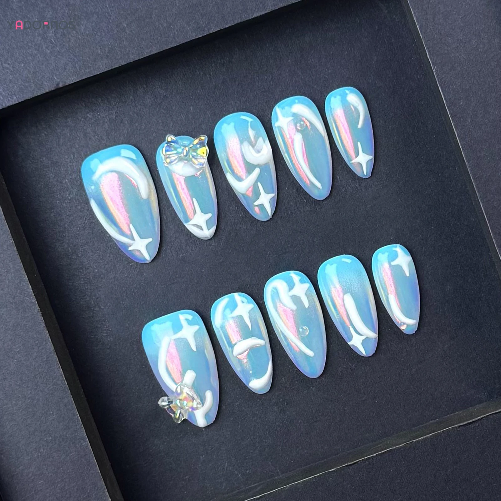 

10 шт. глянцевые накладные ногти Авроры, синий миндаль, ручная работа, накладные ногти, 3D декор с бантом, Y2K, подвески для девочек, накладные ногти для маникюра