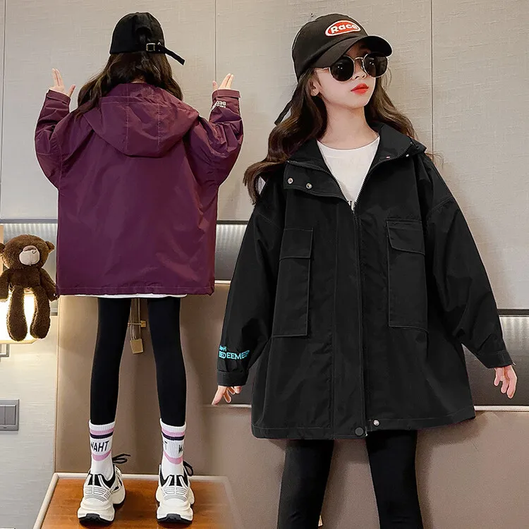 Girl Top 2023 New Spring Autumn Korean Fashion Style Sports Hooded Jacket Girls Solid Long Sleeve Trench Coat Children Clothes