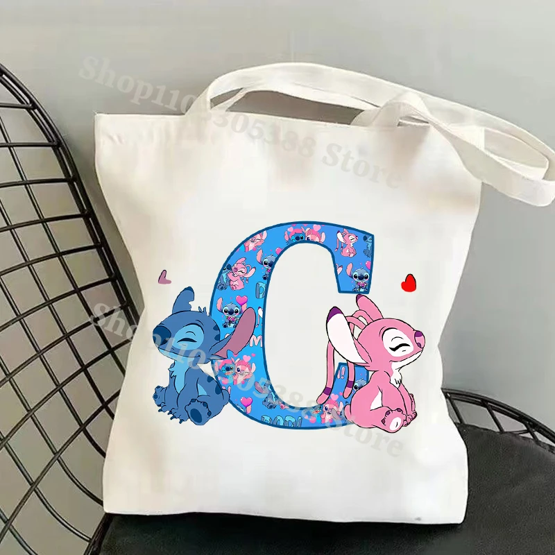 Disney Stitch Cartoon 26-Buchstaben-Handtasche, faltbar, wiederverwendbar, Shopper, Tasche im Harajuku-Stil, Studenten-Einkaufstasche, Einkaufstasche aus Segeltuch