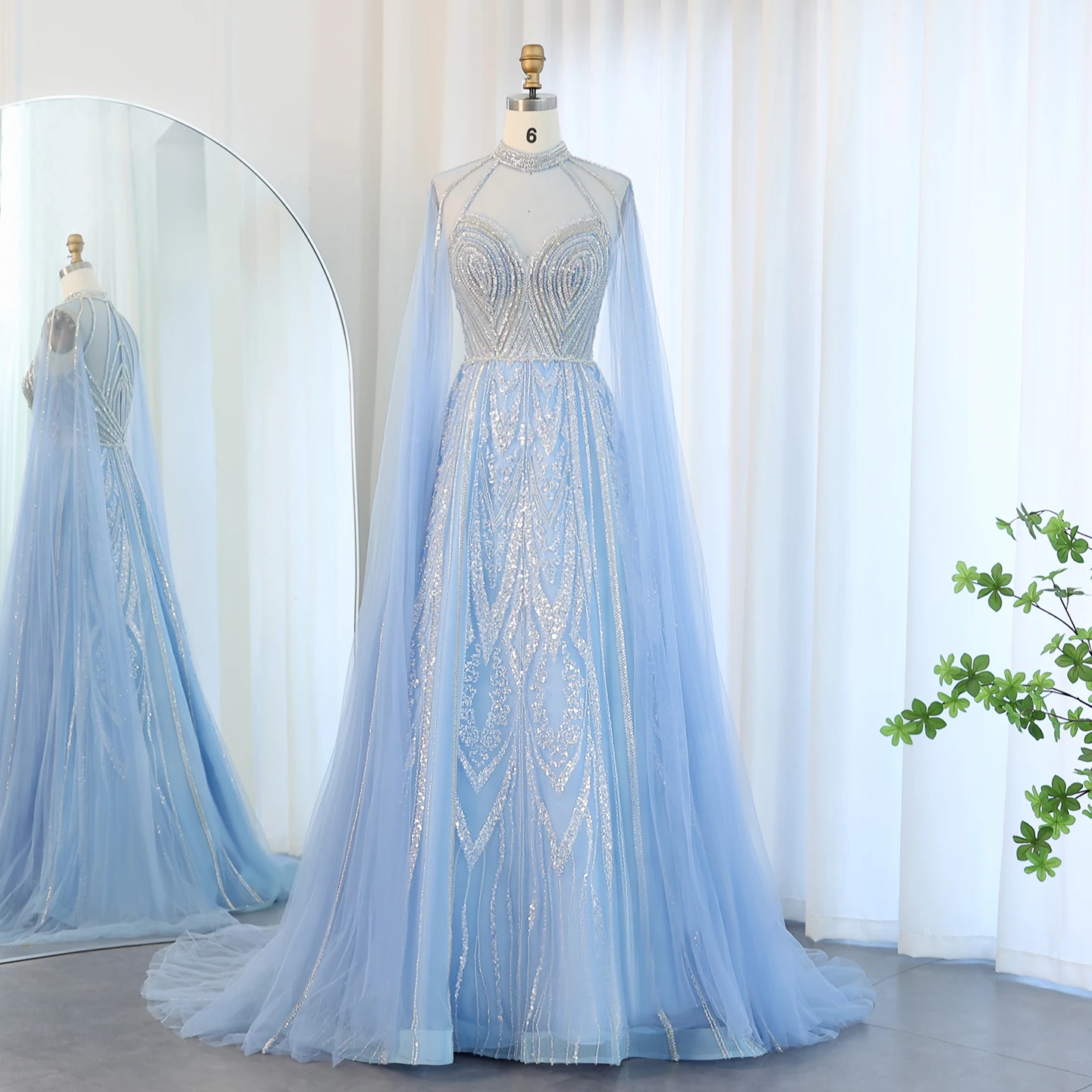 

Sharon Said Luxury Dubai A-line Blue Evening Dress with Cape Sleeves Yellow Plus Size for Women Wedding Party SS090 Customized