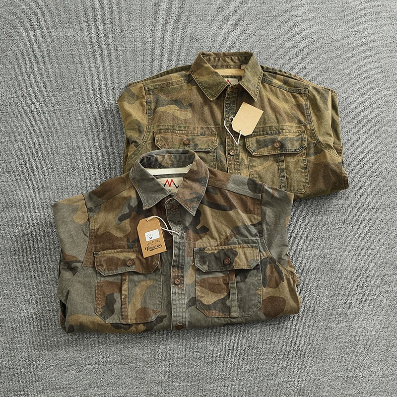 2024 Autumn and Winter New American Retro Woven Camouflage Cargo Shirt Men's 100% Cotton Washed Old Double Pockets Thin Jacket