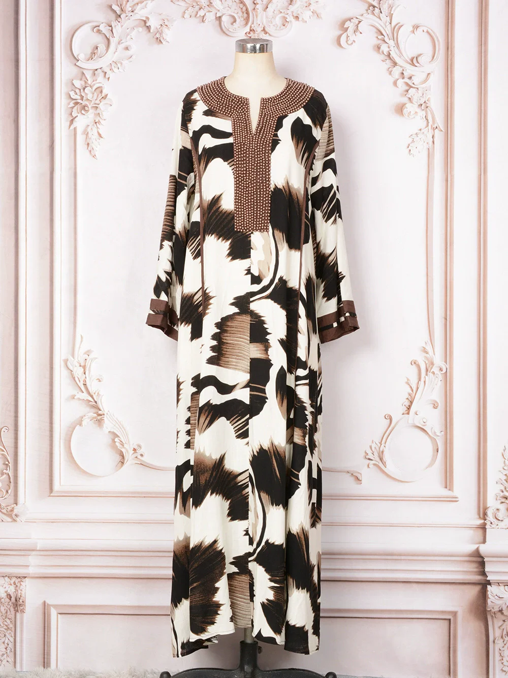 

Middle Eastern Arab Fashion New Printed Robe Bubble Bead Decoration Muslim Dress Ethnic Style Abaya Festival Dress