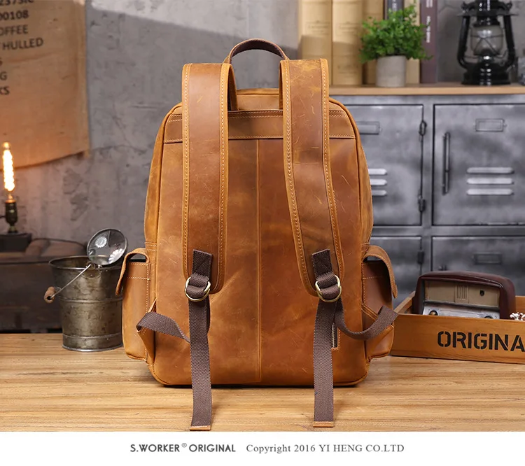 PNDME Vintage handgefertigter Crazy-Horse-Rucksack aus Rindsleder für Männer und Frauen, Outdoor-Reise-Schulrucksack aus echtem Leder mit großem Fassungsvermögen. – Detail 8