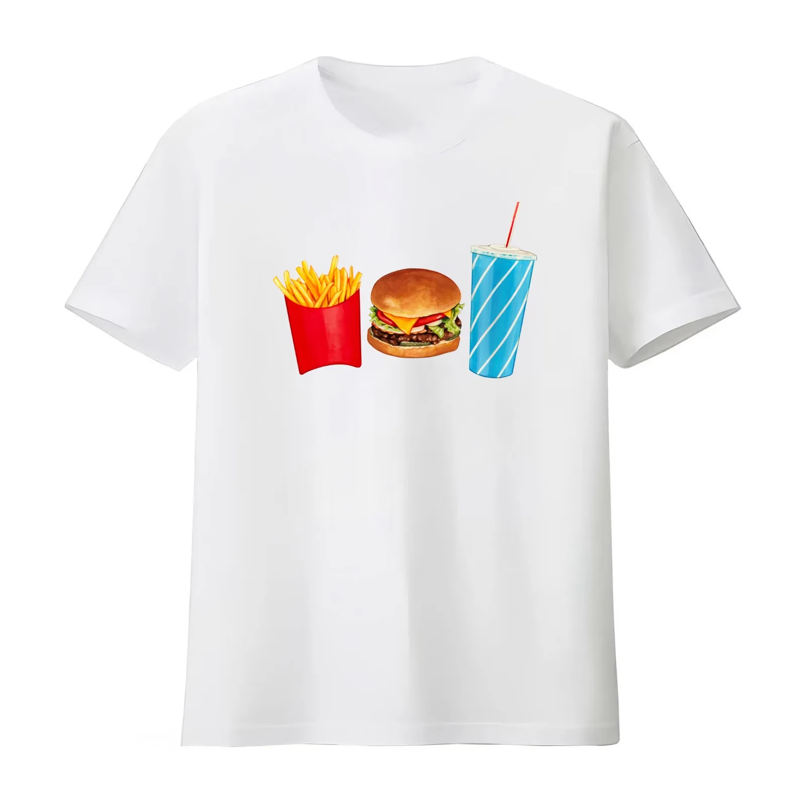 Combo Meal Pattern 2 - White T-Shirt Summer Casual Cotton Tee Oversized Streetwear Tops Vintage Graphic Print 100% Cotton