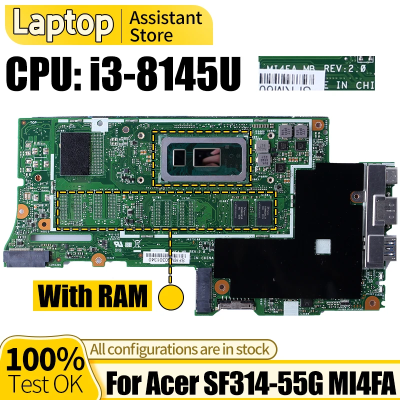 

Материнская плата для ноутбука Acer SF314-55G MI4FA REV: 2,0 NBH3X1100 i3-8145U RAM, материнская плата для ноутбука