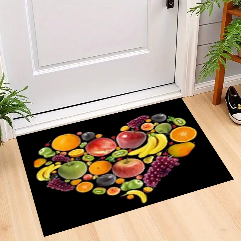 2D Flat Heart Shaped Fruit Salad Apple Banana Grape Flannel Door Mat Non Slip Healthy Food Rug For Kitchen Entryway Floor Decor